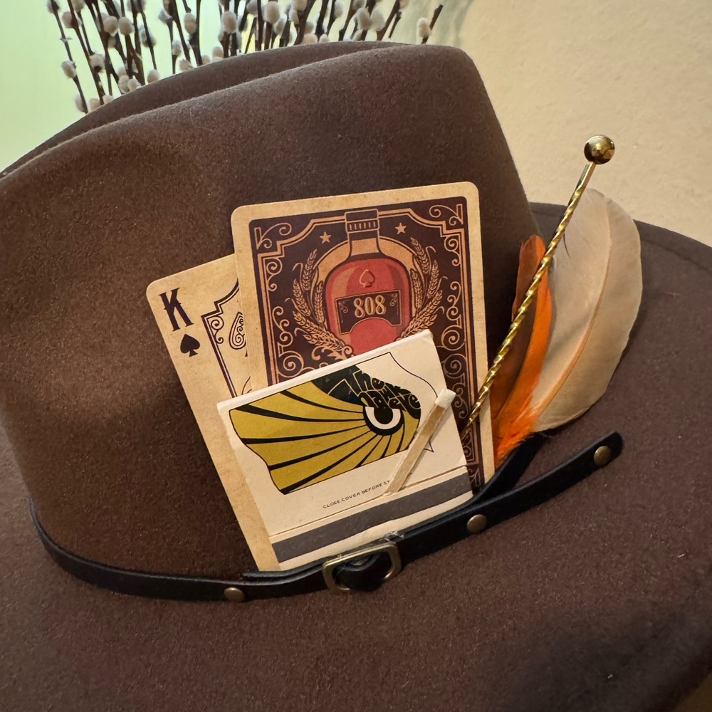 Multi-colored Fedora Hat with Feather Accent and vintage matchbooks